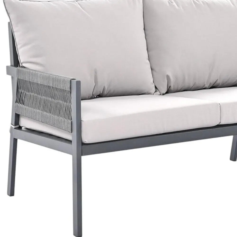 Four Piece Gray Metal Upholstered Cushions Sofa Seating Group With Table - NOBLE HOME INTERIORS