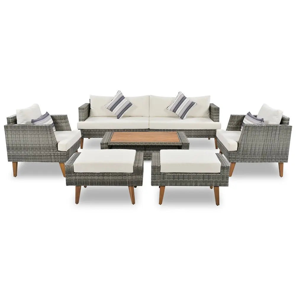 Four Piece Outdoor Gray Wicker Sofa Seating Group with Gray Cushions - NOBLE HOME INTERIORS