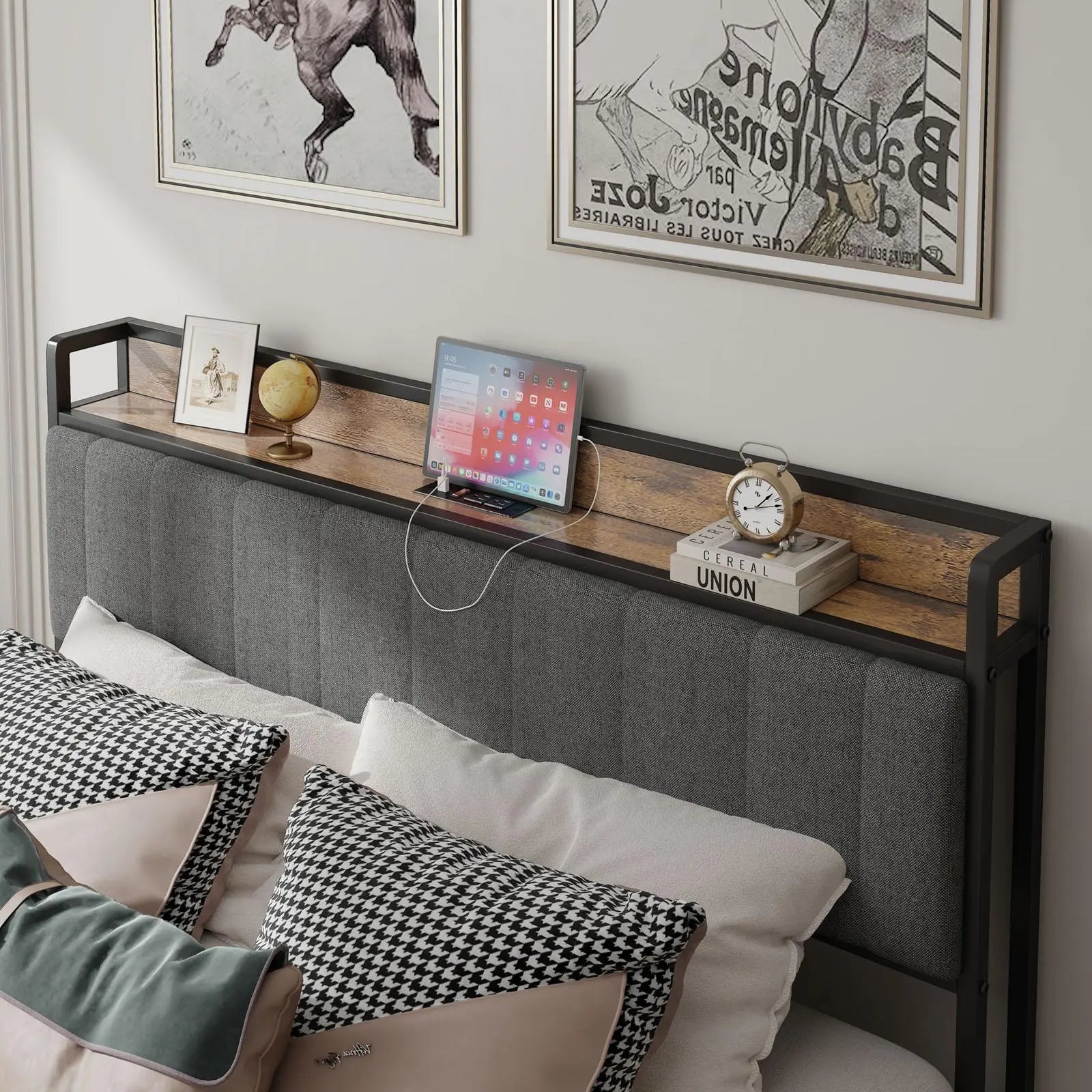 Full - Size，Full metal bed frame with charging headboard. - NOVA - HOME - FURNITURE