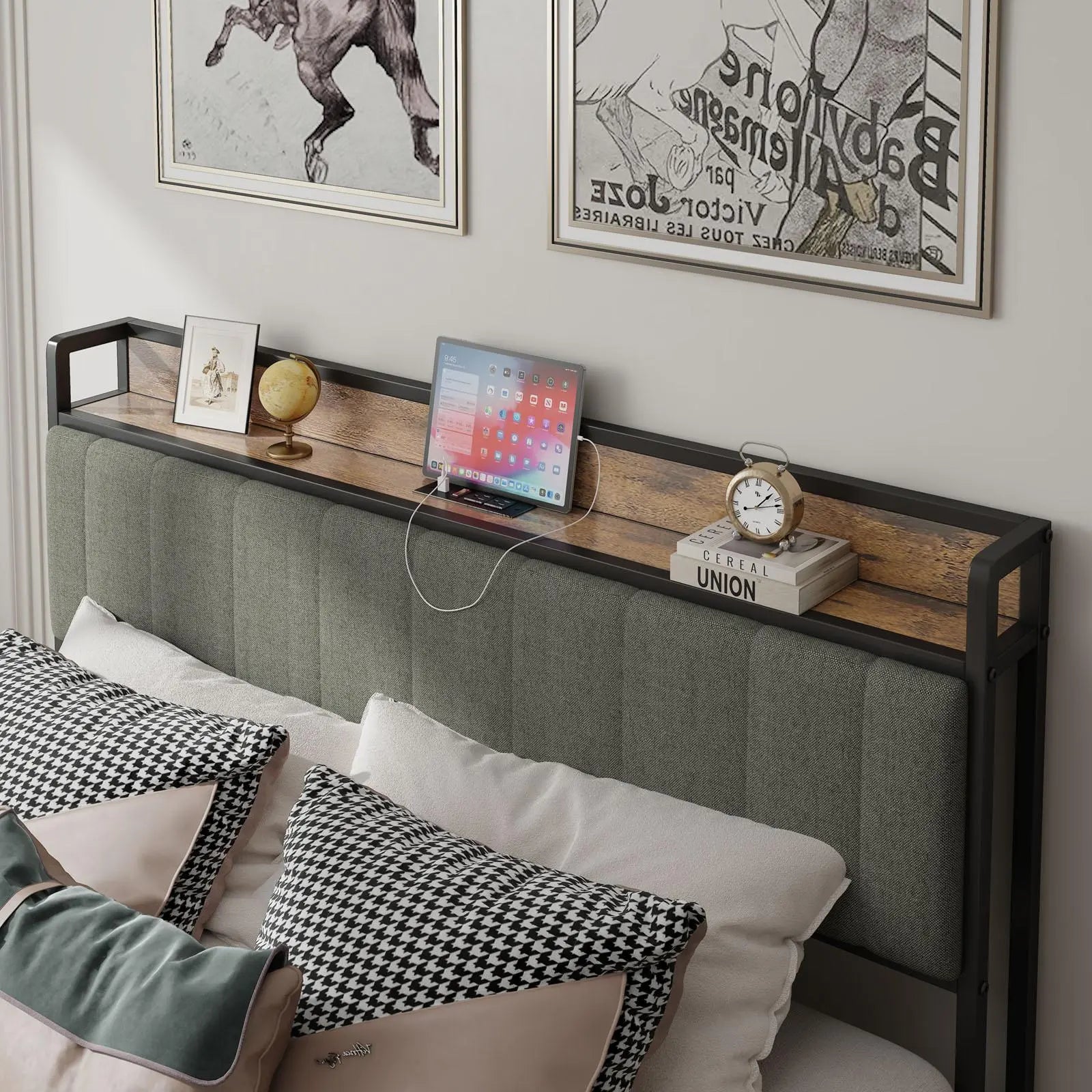 Full - Size，Full metal bed frame with charging headboard. - NOVA - HOME - FURNITURE