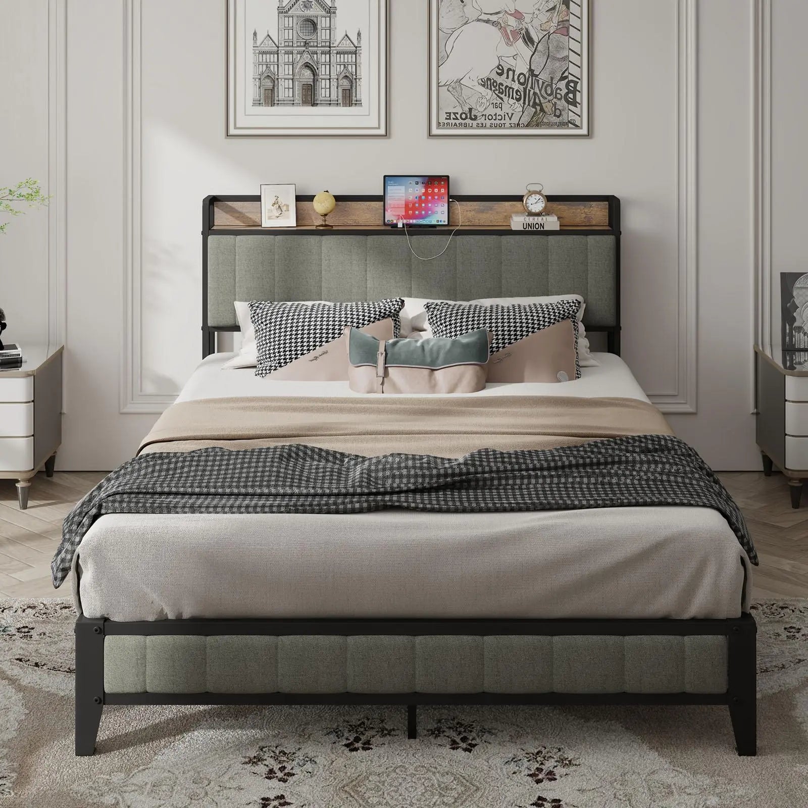 Full - Size，Full metal bed frame with charging headboard. - NOVA - HOME - FURNITURE