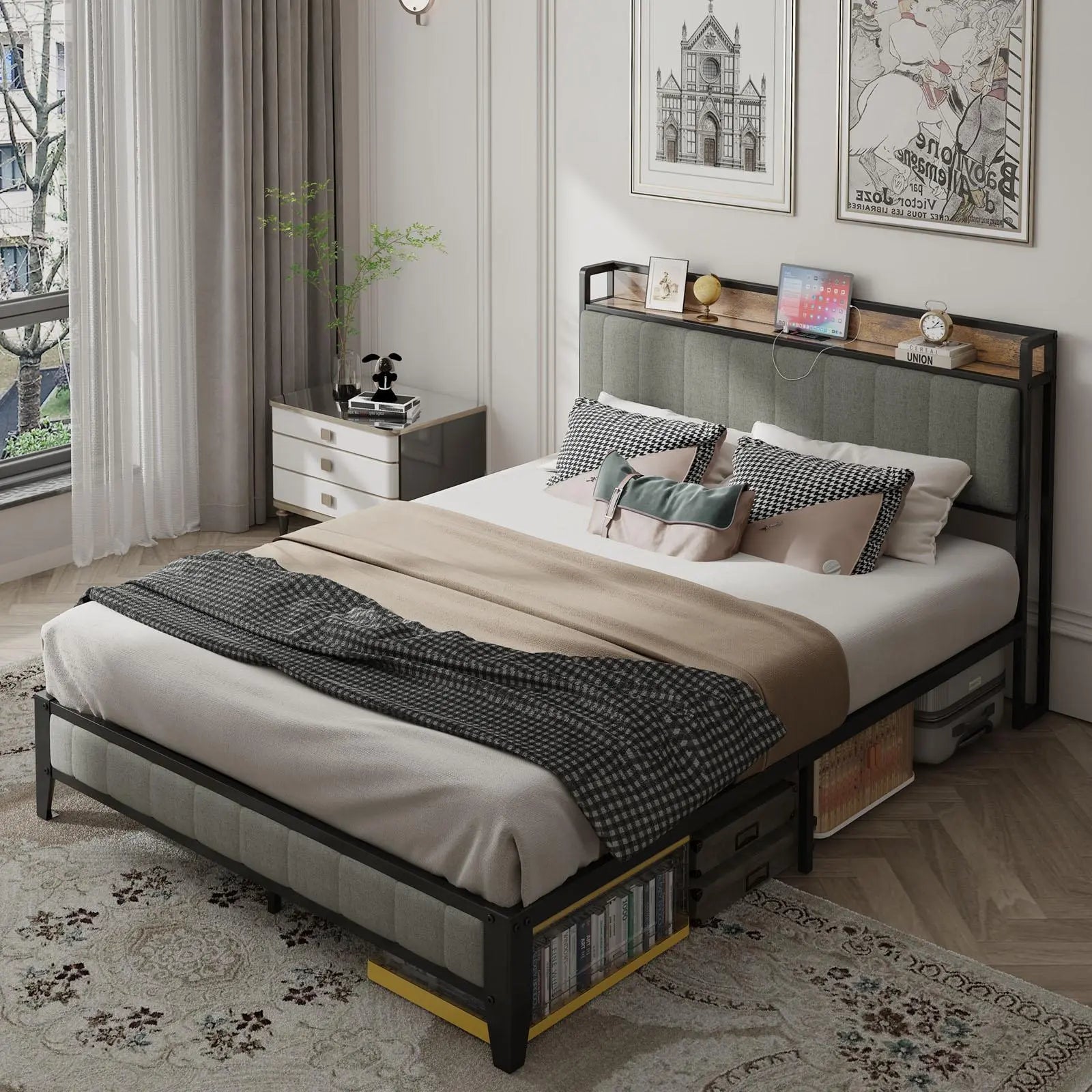 Full - Size，Full metal bed frame with charging headboard. - NOVA - HOME - FURNITURE