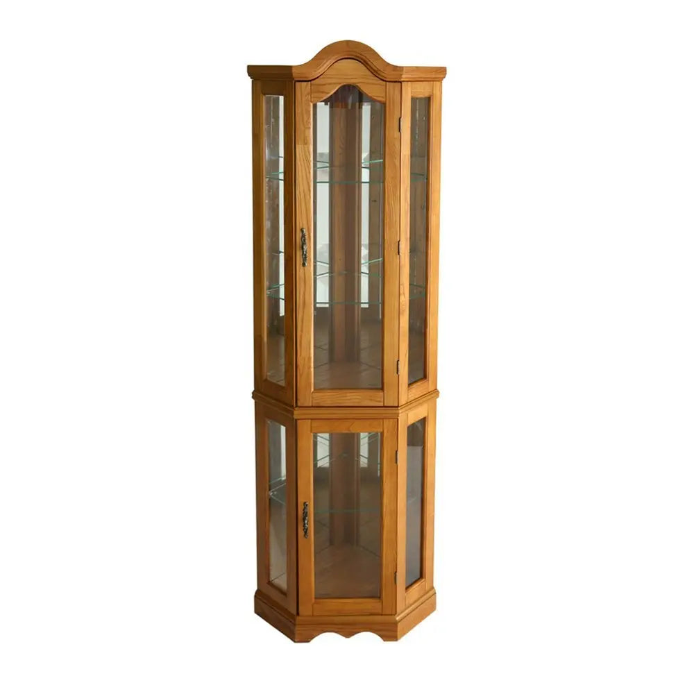 Golden Oak Scallop Top Lighted Corner Curio Cabinet - NOVA HOME FURNITURE