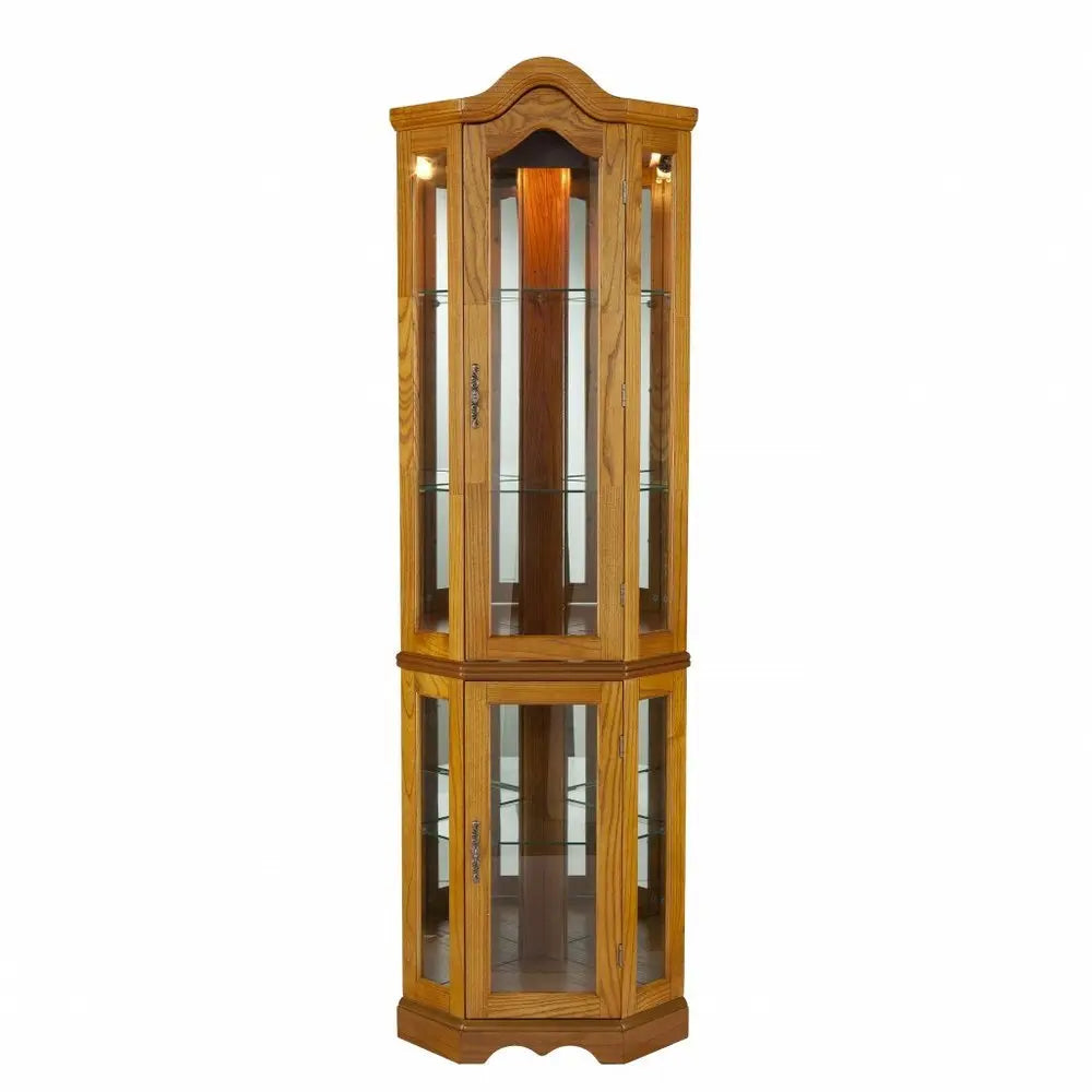 Golden Oak Scallop Top Lighted Corner Curio Cabinet - NOVA HOME FURNITURE