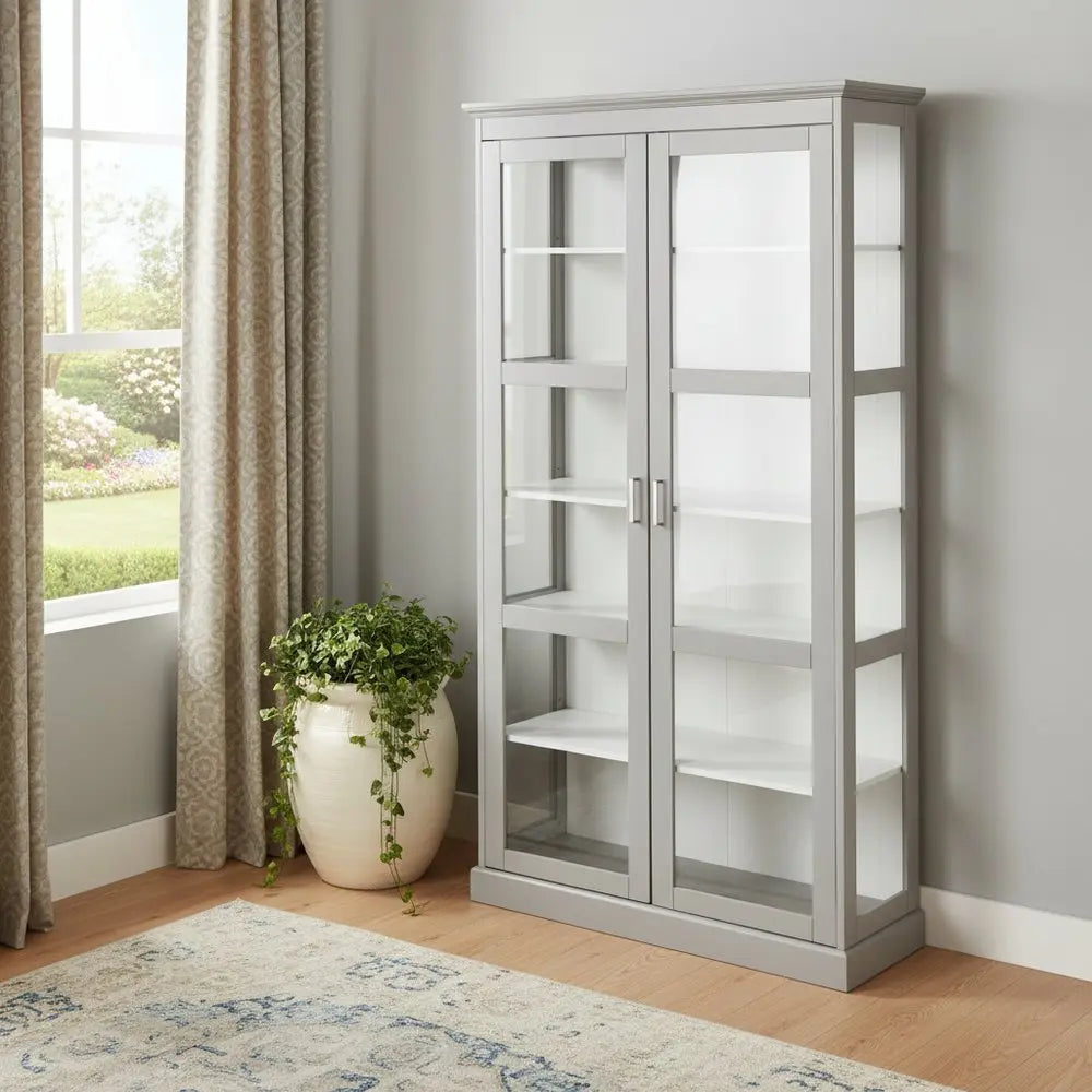 Gray Cornice Molding Double Door Curio Cabinet - NOVA HOME FURNITURE