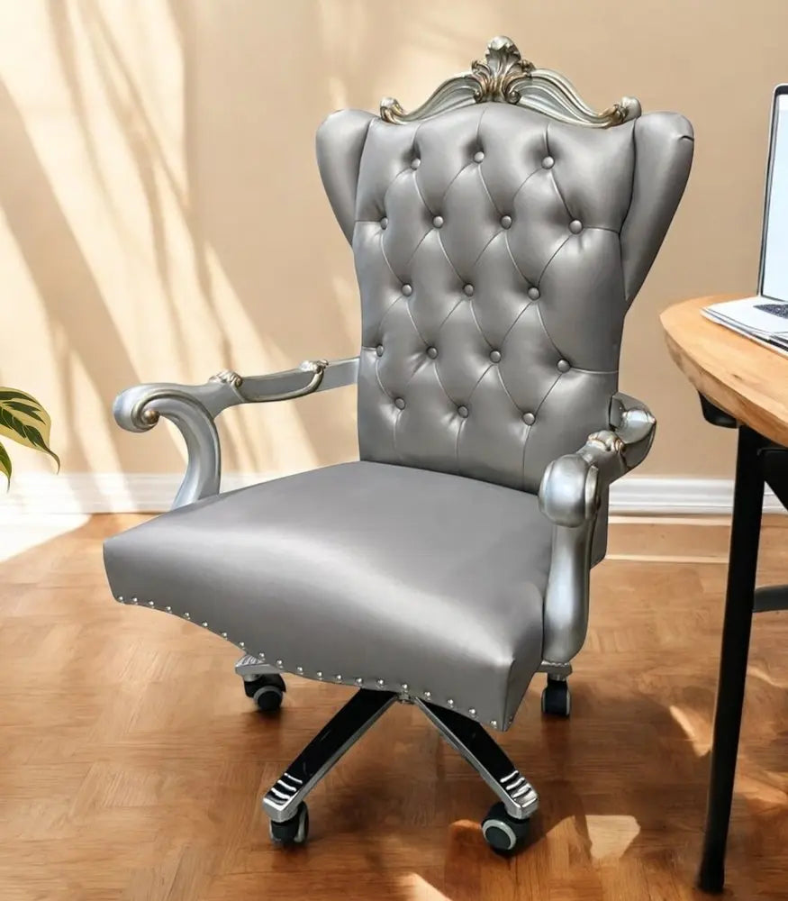 Gray Faux Leather Tufted Seat Swivel Adjustable Executive Chair Leather Back - NOBLE HOME INTERIORS