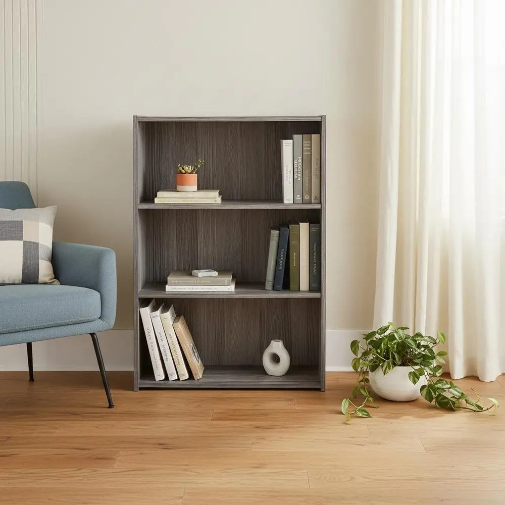 Gray Wood Adjustable Three Tier Bookcase - NOBLE HOME INTERIORS