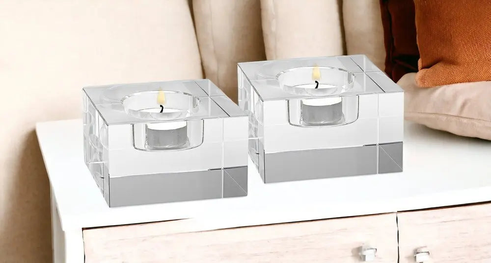 Hand Crafted Crystal Block Pair Of Tlite Holders - NOBLE HOME INTERIORS
