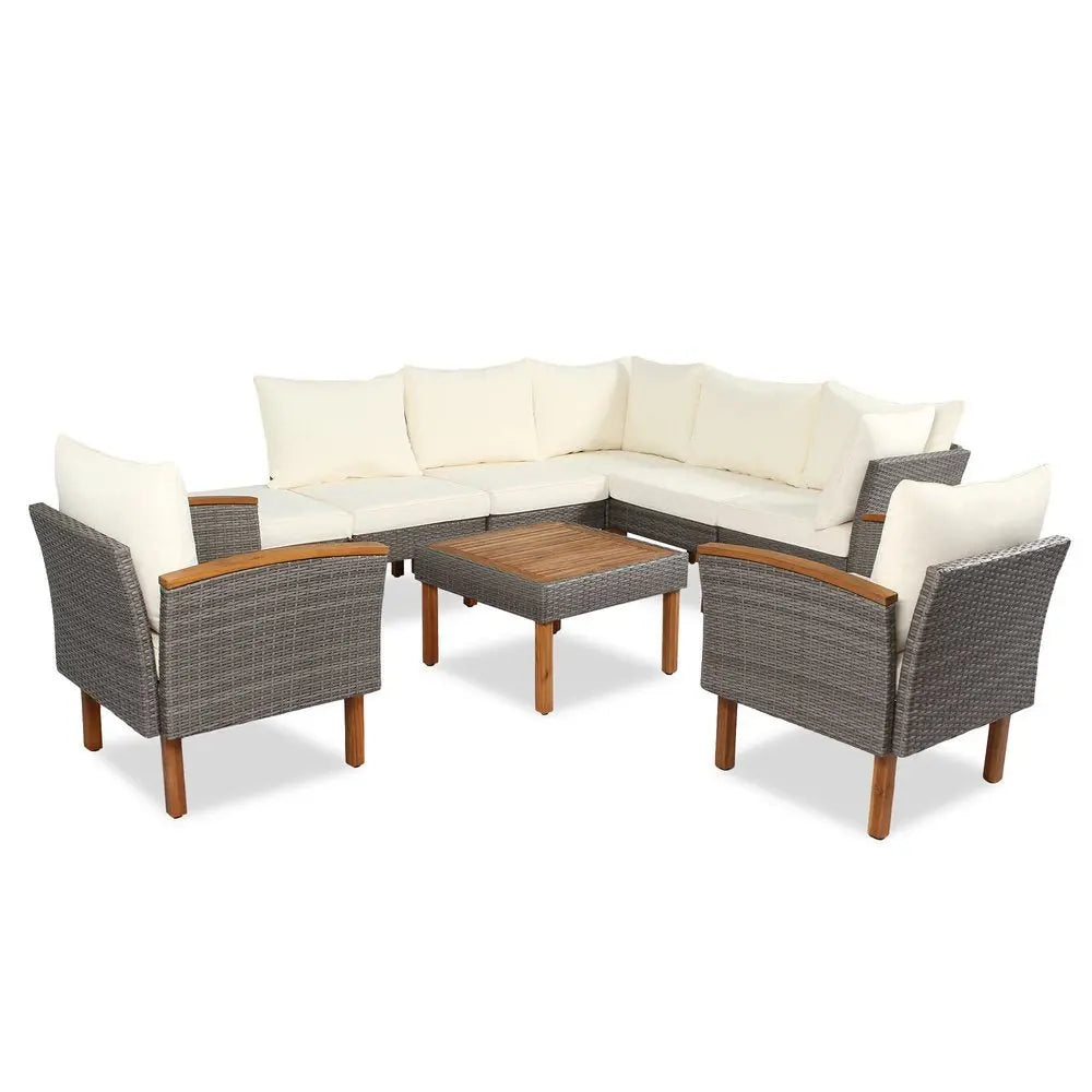 Nine Piece Gray and Beige Rattan Upholstered Cushions Sectional Seating Group With Table - NOBLE HOME INTERIORS