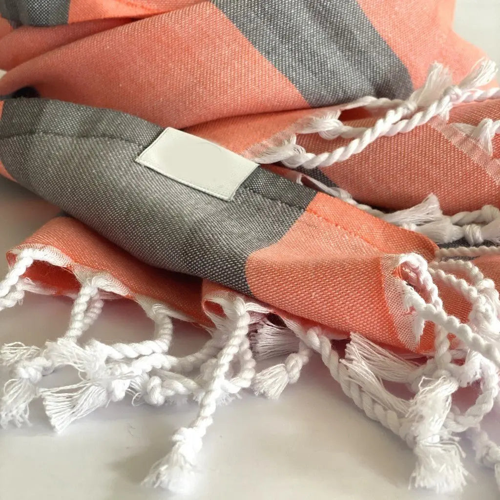 Peach and Dark Grey Striped Design Turkish Beach Blanket - NOBLE HOME INTERIORS