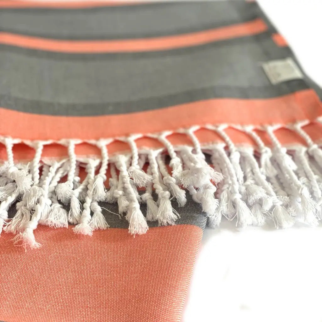 Peach and Dark Grey Striped Design Turkish Beach Blanket - NOBLE HOME INTERIORS