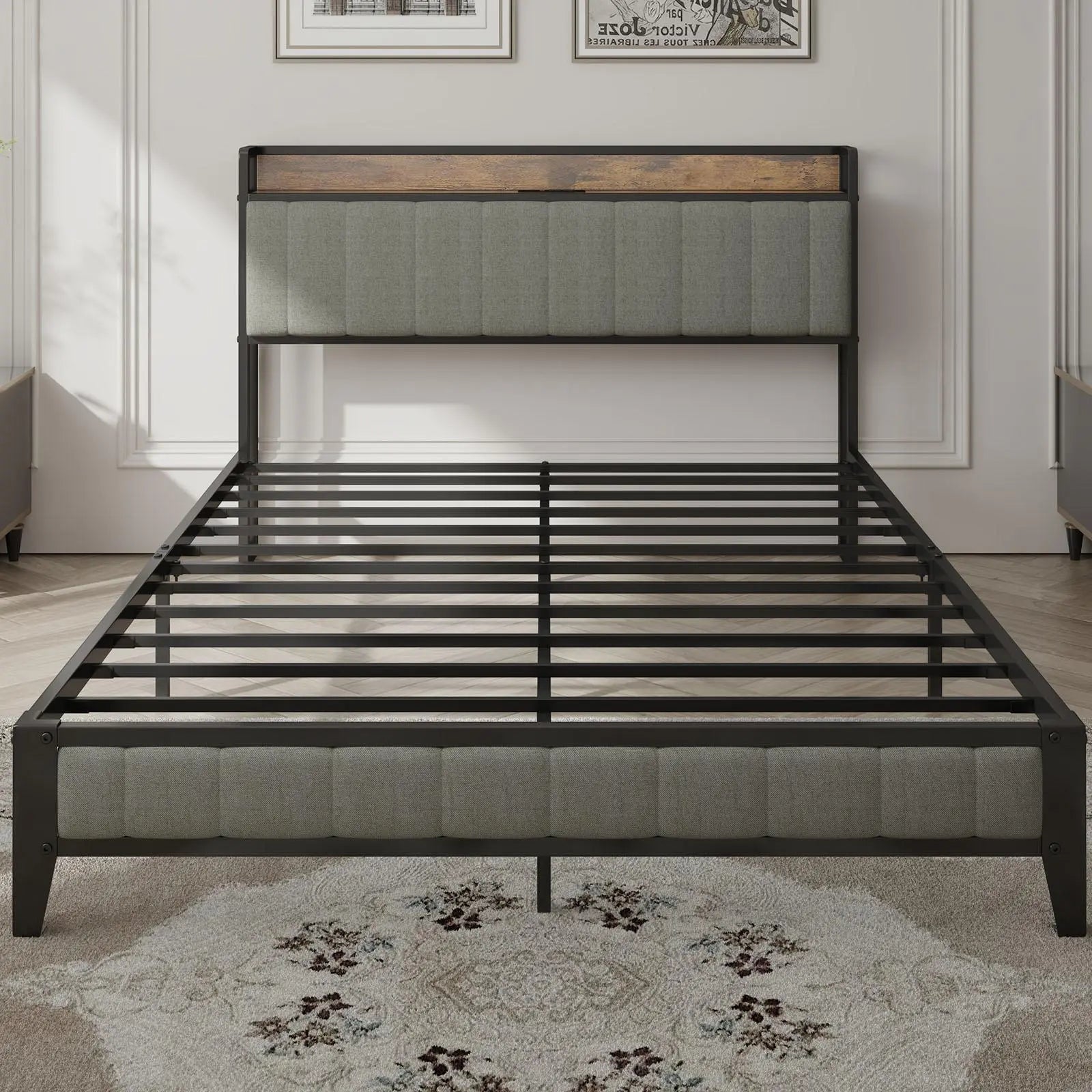 Queen - Size，Full metal bed frame with charging port at the head of the bed. - NOVA - HOME - FURNITURE