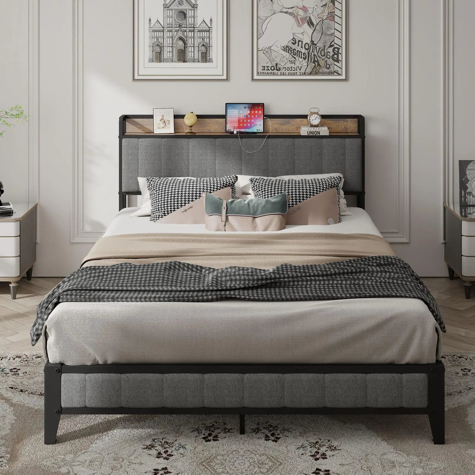 Queen - Size，Full metal bed frame with charging port at the head of the bed. - NOVA - HOME - FURNITURE