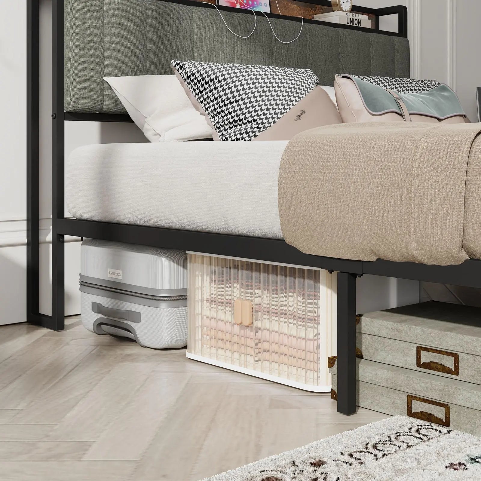 Queen - Size，Full metal bed frame with charging port at the head of the bed. - NOVA - HOME - FURNITURE