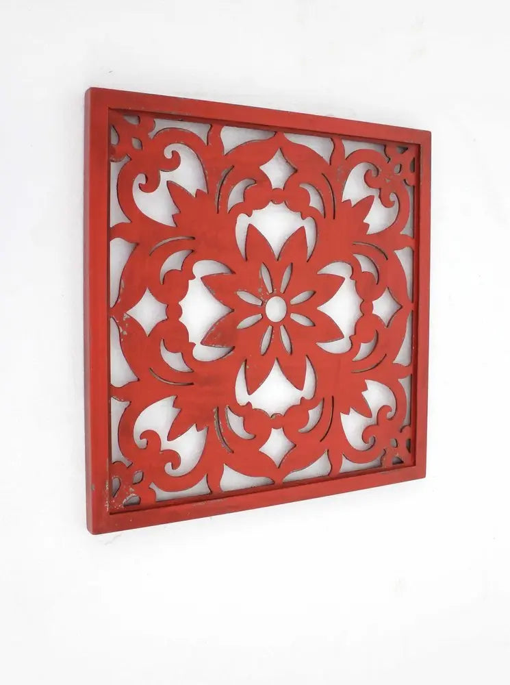 Red Flower Wood Hanging Dimensional Sculpture - NOBLE HOME INTERIORS