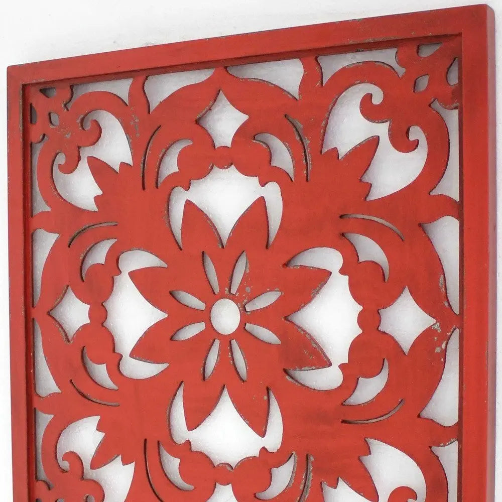 Red Flower Wood Hanging Dimensional Sculpture - NOBLE HOME INTERIORS