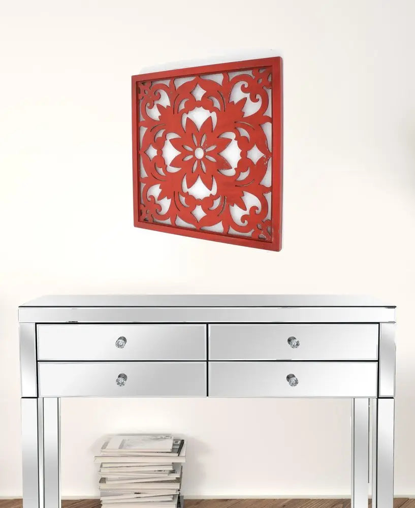 Red Flower Wood Hanging Dimensional Sculpture - NOBLE HOME INTERIORS