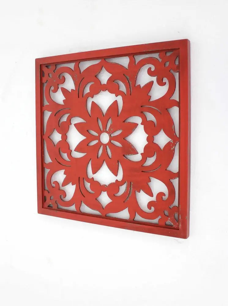 Red Flower Wood Hanging Dimensional Sculpture - NOBLE HOME INTERIORS