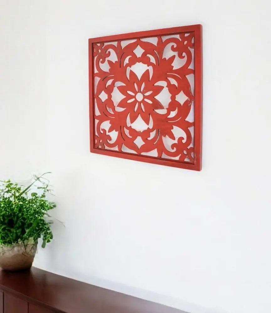 Red Flower Wood Hanging Dimensional Sculpture - NOBLE HOME INTERIORS