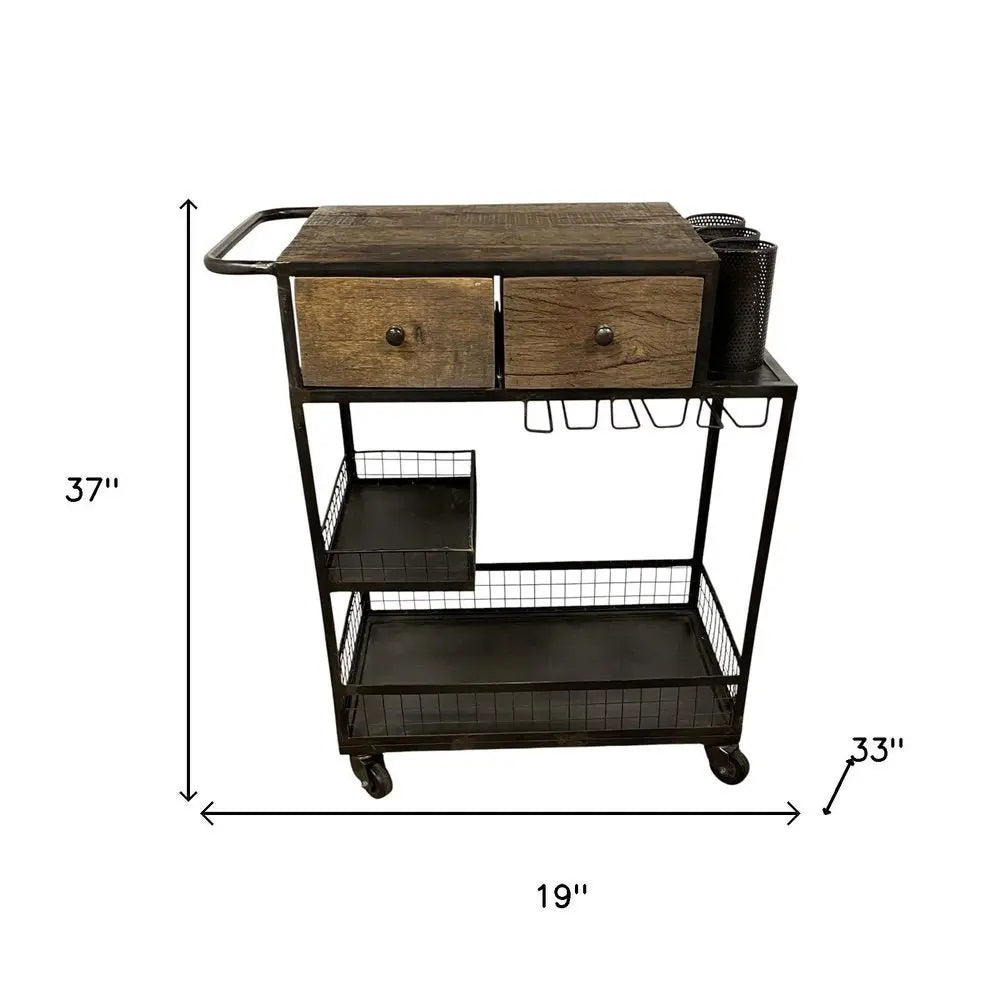 Rolling Rustic Black And Natural Bar Cart - NOBLE HOME INTERIORS