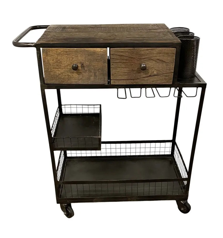 Rolling Rustic Black And Natural Bar Cart - NOBLE HOME INTERIORS