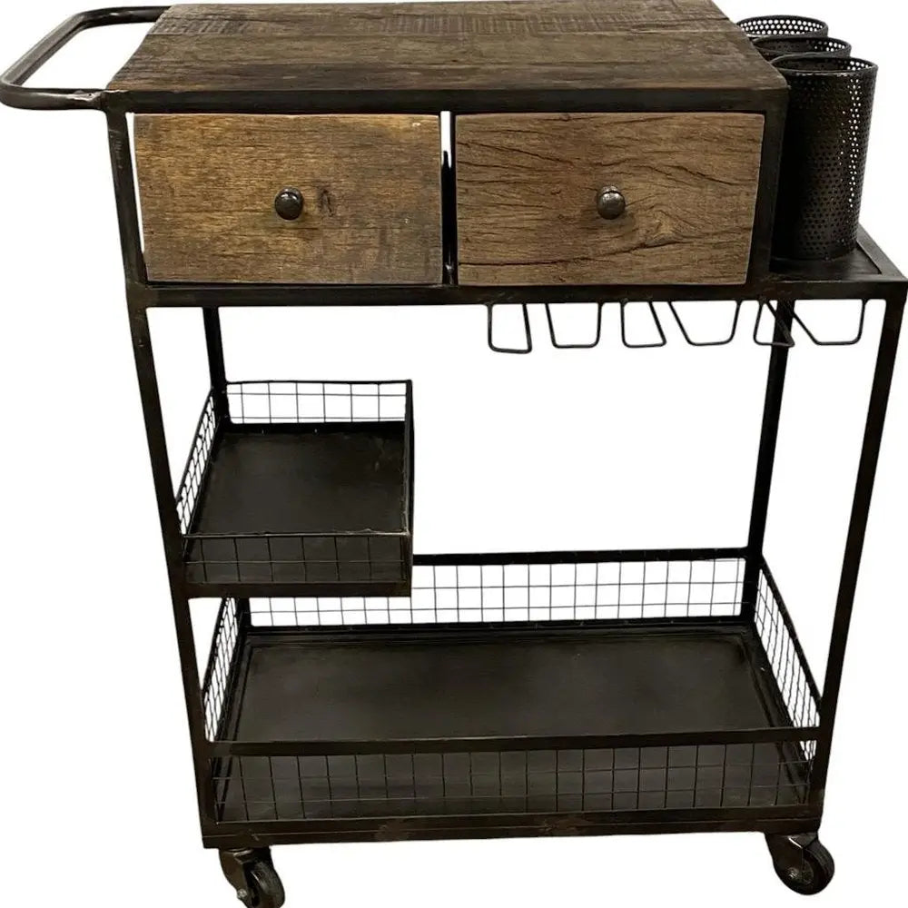 Rolling Rustic Black And Natural Bar Cart - NOBLE HOME INTERIORS