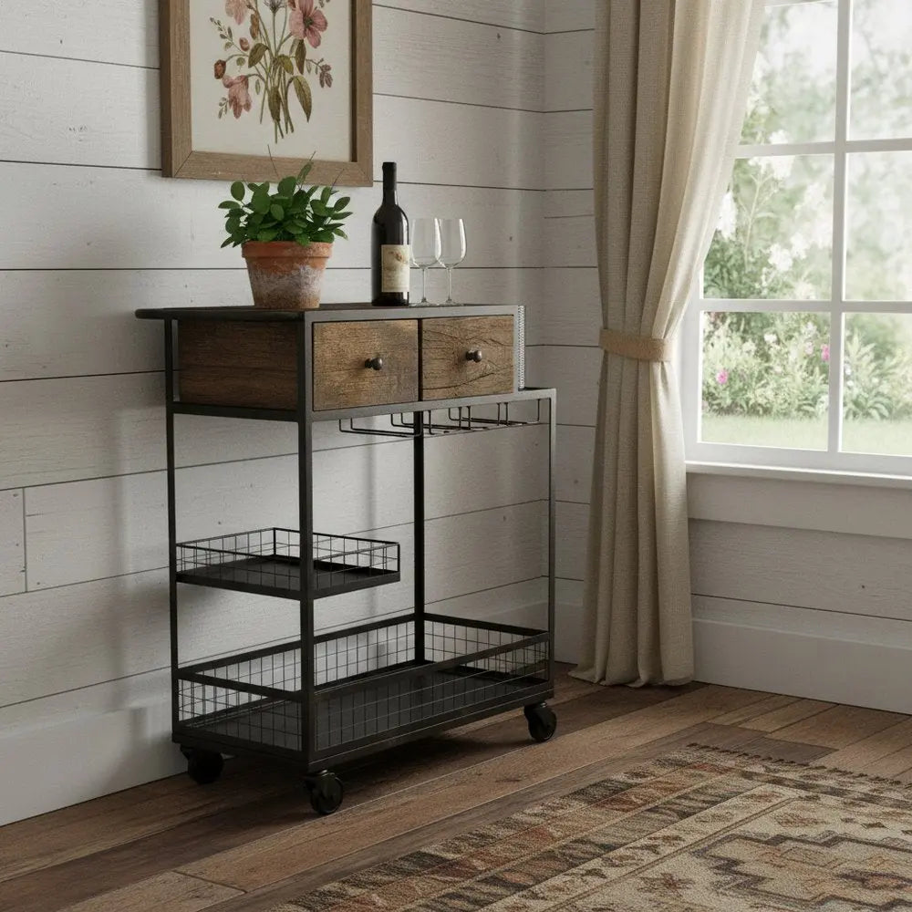 Rolling Rustic Black And Natural Bar Cart - NOBLE HOME INTERIORS