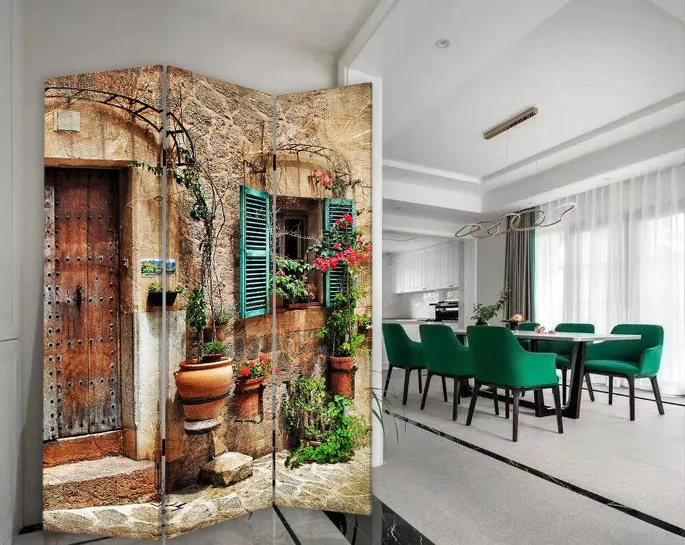 Romantic European Street Three Panel Room Divider Screen - NOBLE HOME INTERIORS