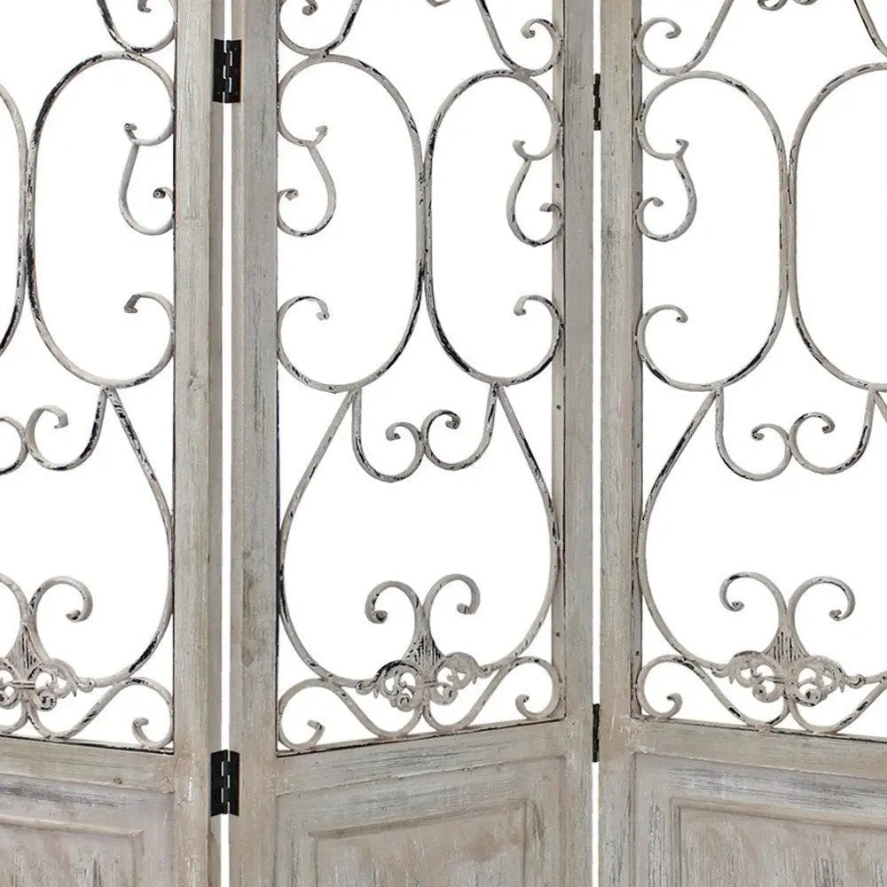 Romantic Whitewashed Scroll Three Panel Room Divider Screen - NOBLE HOME INTERIORS