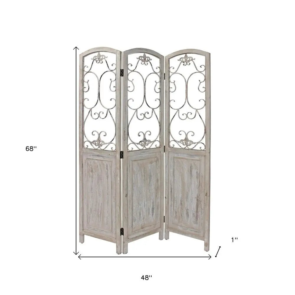 Romantic Whitewashed Scroll Three Panel Room Divider Screen - NOBLE HOME INTERIORS
