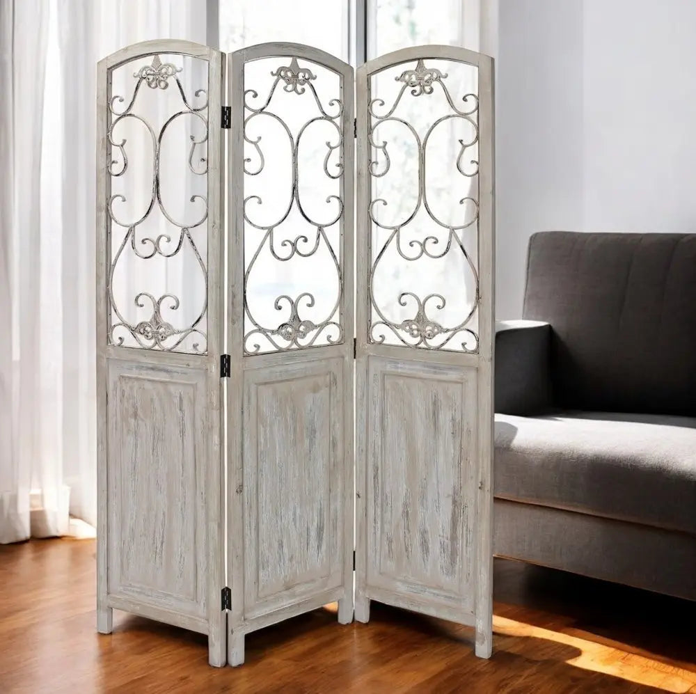 Romantic Whitewashed Scroll Three Panel Room Divider Screen - NOBLE HOME INTERIORS