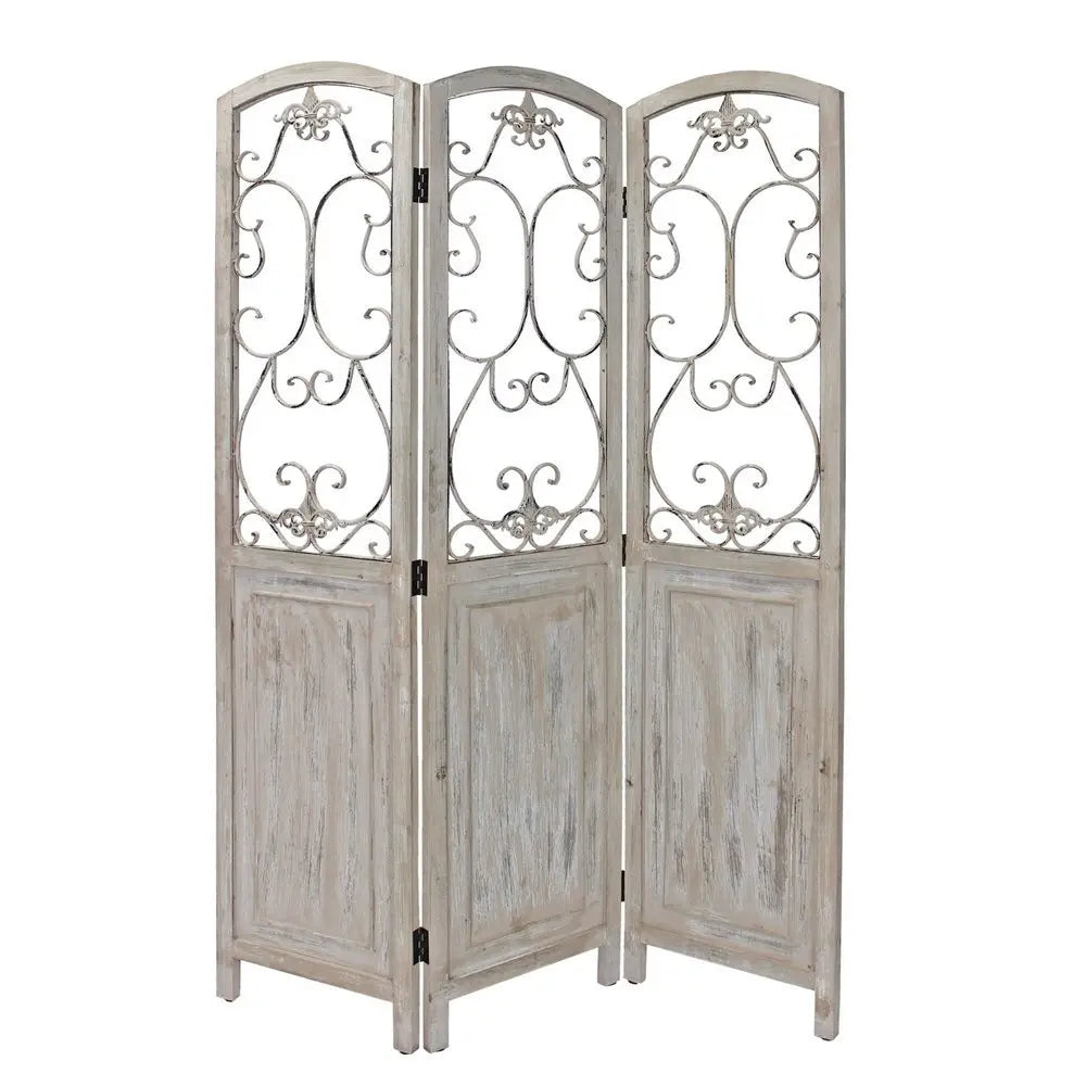 Romantic Whitewashed Scroll Three Panel Room Divider Screen - NOBLE HOME INTERIORS