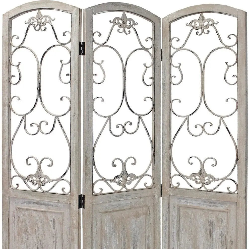 Romantic Whitewashed Scroll Three Panel Room Divider Screen - NOBLE HOME INTERIORS
