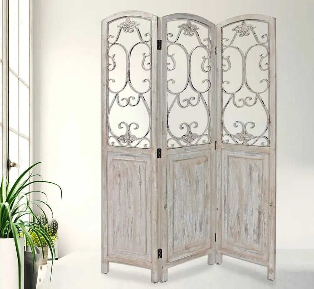 Romantic Whitewashed Scroll Three Panel Room Divider Screen - NOBLE HOME INTERIORS