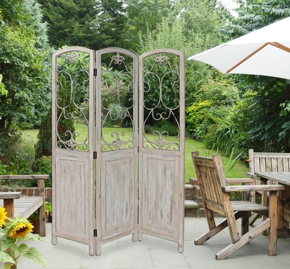 Romantic Whitewashed Scroll Three Panel Room Divider Screen - NOBLE HOME INTERIORS