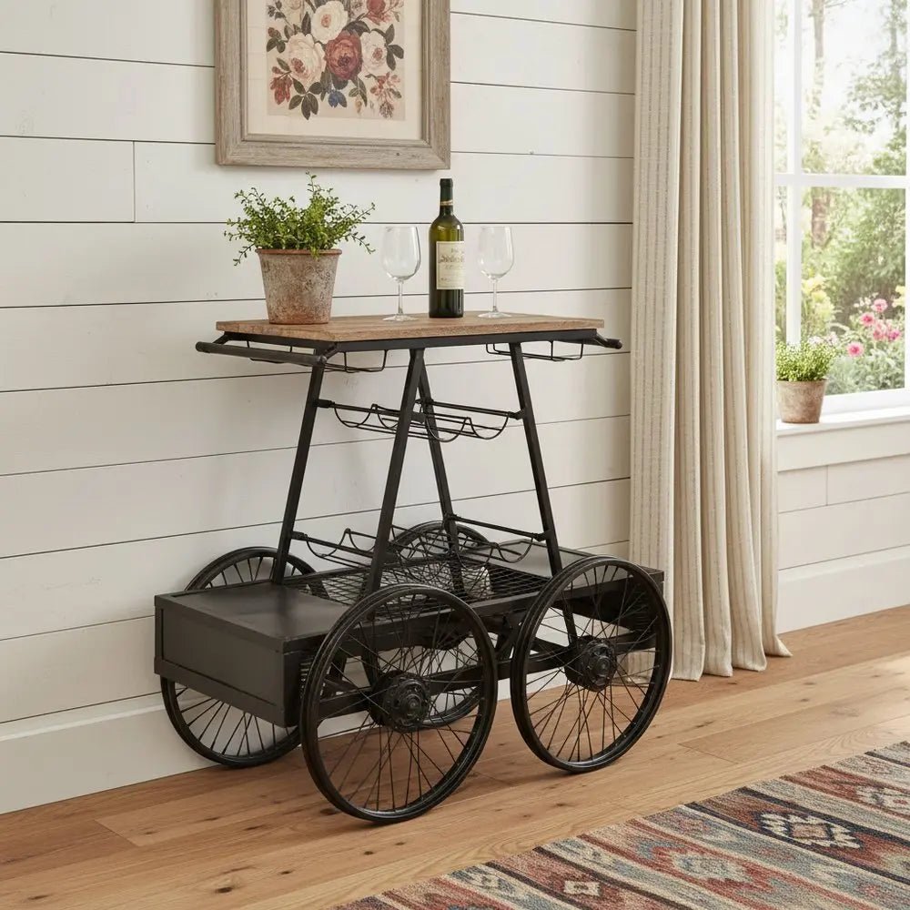 Rustic Black Rail Car Bar Cart HomeRoots