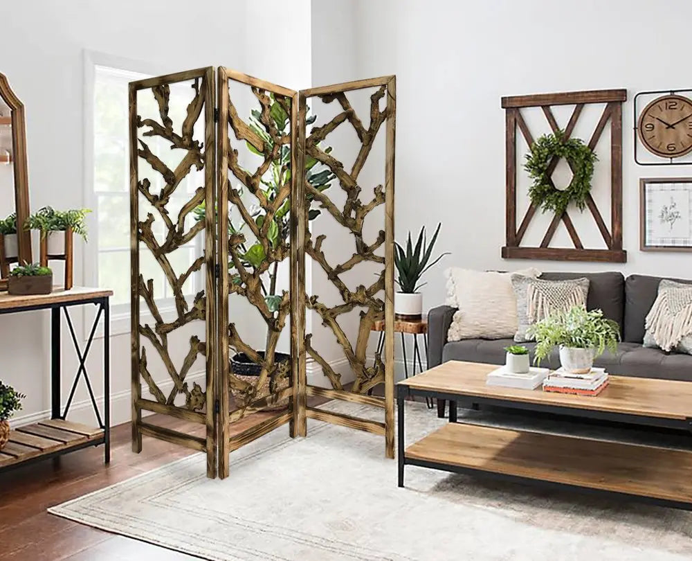 Rustic Earthy Wood Root Three Panel Room Divider Screen - NOBLE HOME INTERIORS