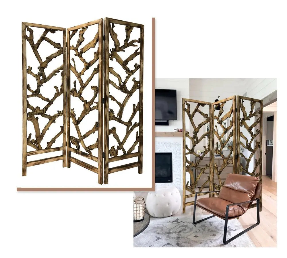 Rustic Earthy Wood Root Three Panel Room Divider Screen - NOBLE HOME INTERIORS