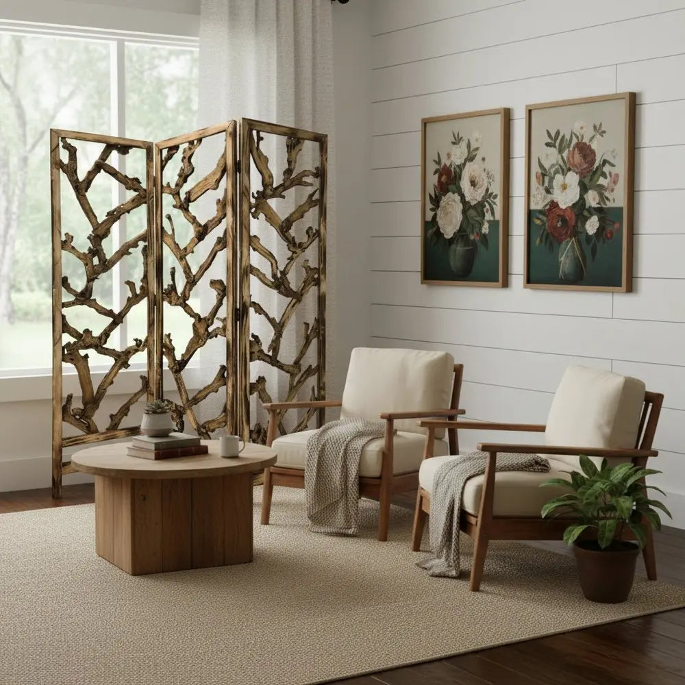 Rustic Earthy Wood Root Three Panel Room Divider Screen - NOBLE HOME INTERIORS