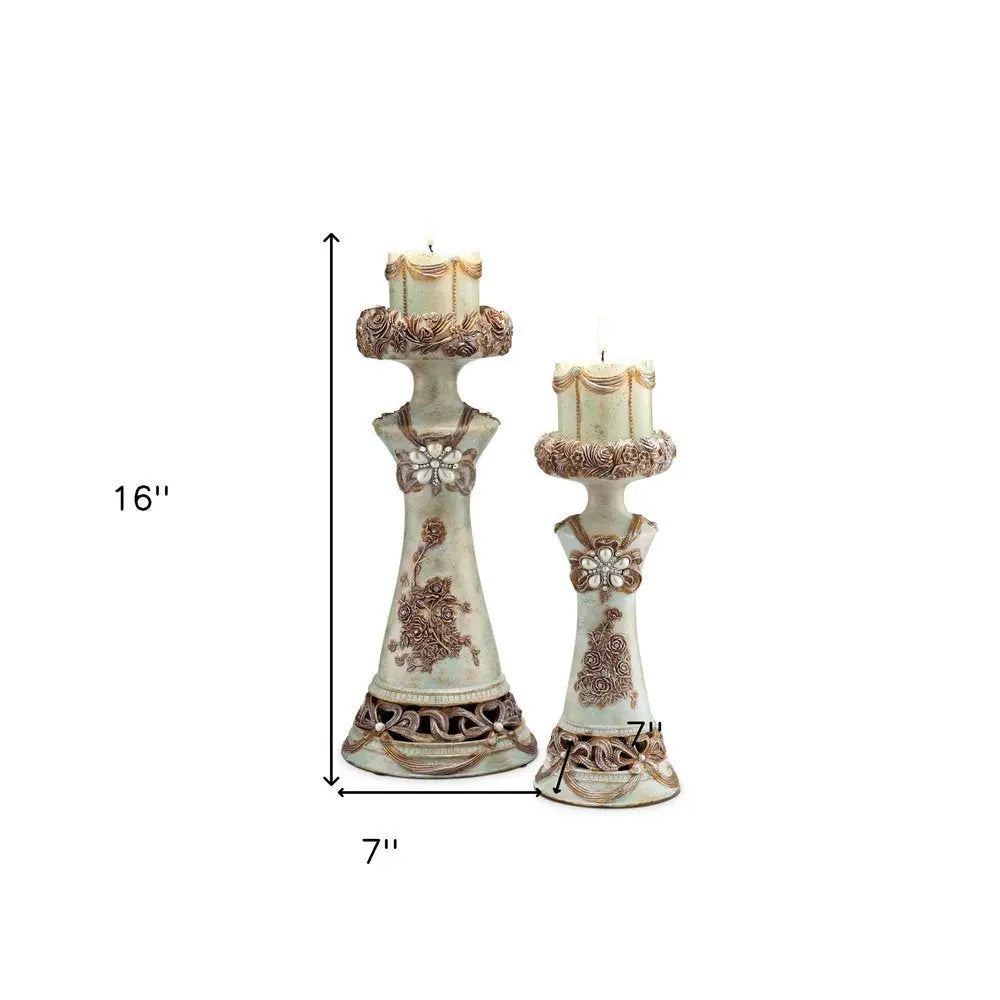 Set of 2 Beige And Brown Vintage Pillar Tabletop Candle Holders - NOBLE HOME INTERIORS