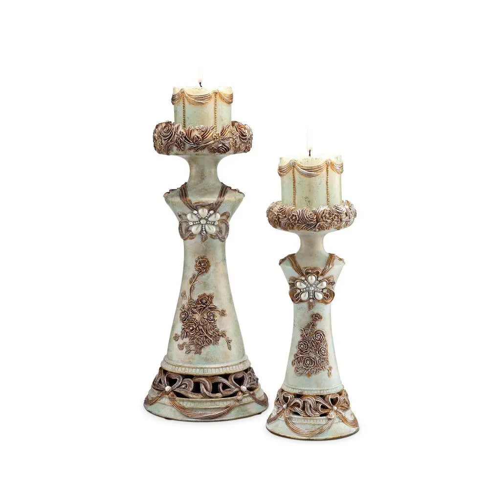 Set of 2 Beige And Brown Vintage Pillar Tabletop Candle Holders - NOBLE HOME INTERIORS