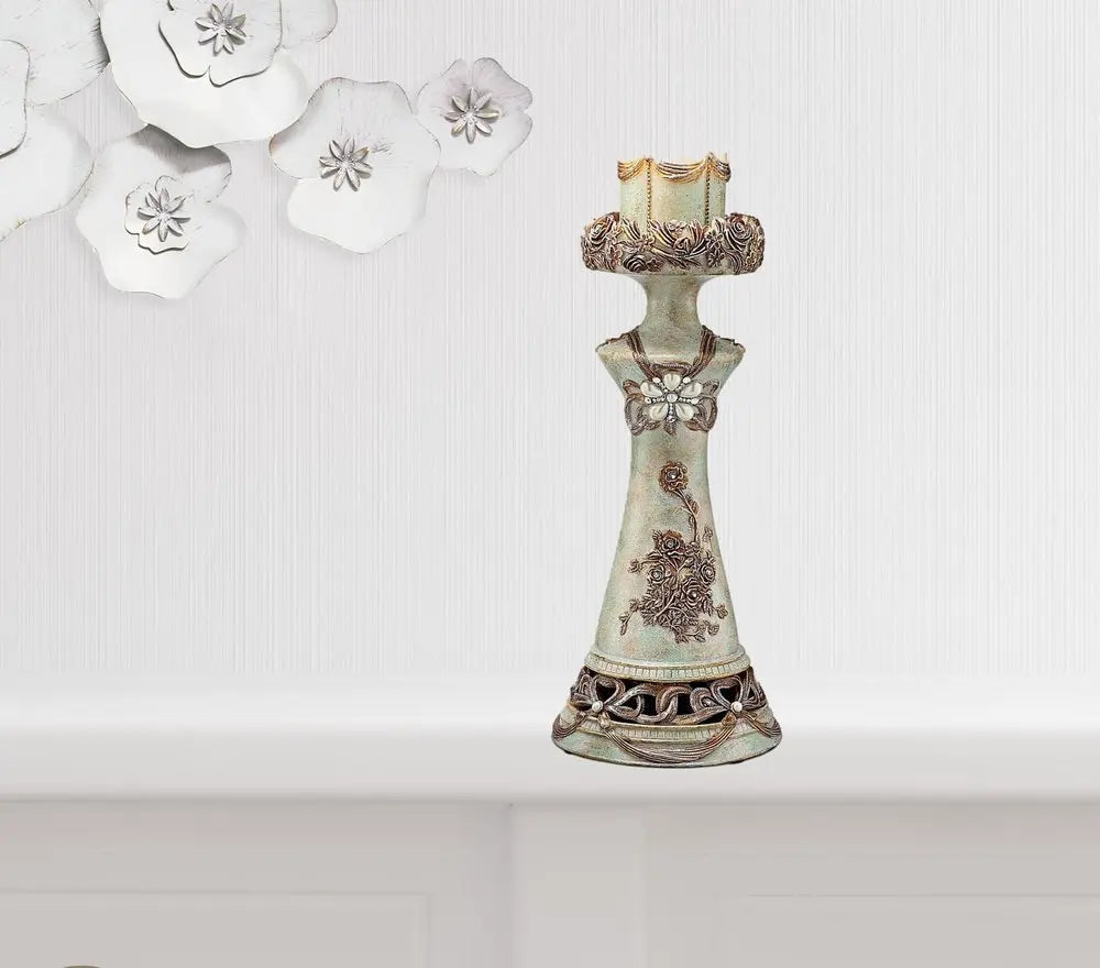 Set of 2 Beige And Brown Vintage Pillar Tabletop Candle Holders - NOBLE HOME INTERIORS