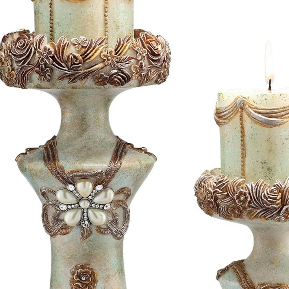 Set of 2 Beige And Brown Vintage Pillar Tabletop Candle Holders - NOBLE HOME INTERIORS