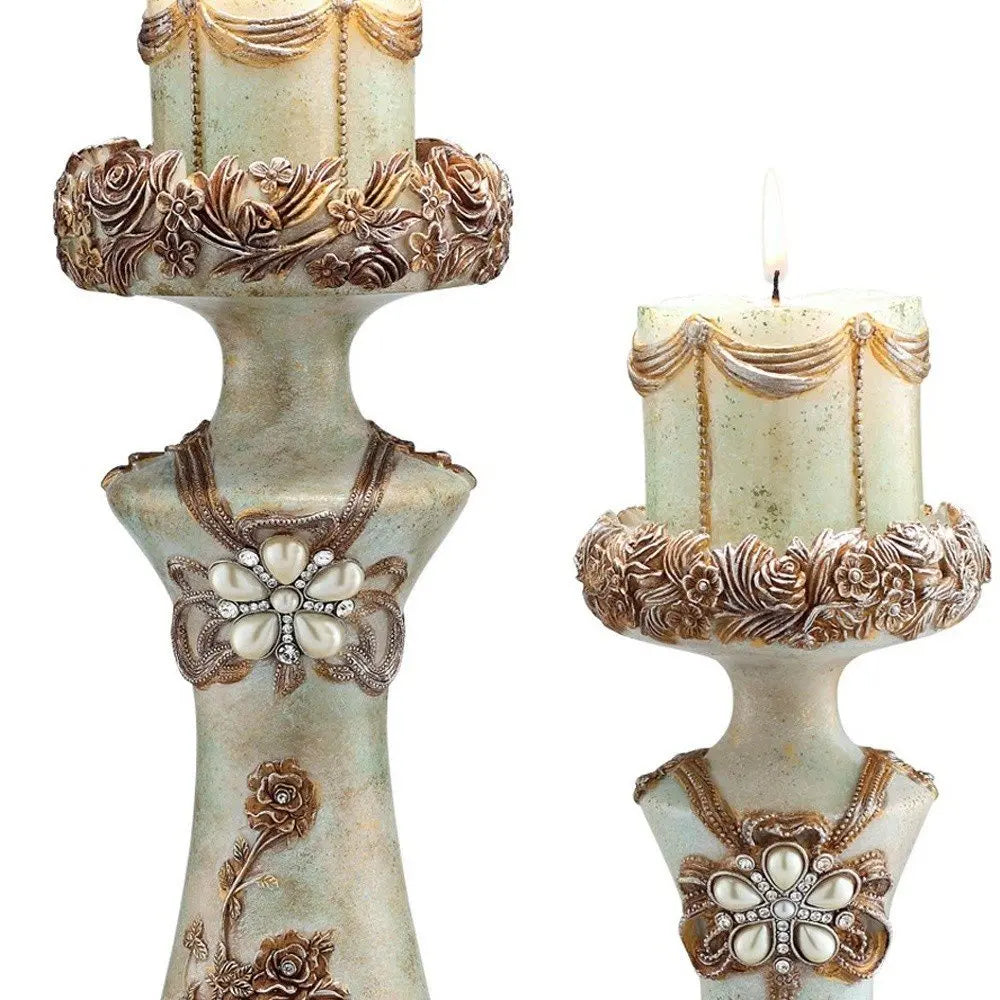 Set of 2 Beige And Brown Vintage Pillar Tabletop Candle Holders - NOBLE HOME INTERIORS