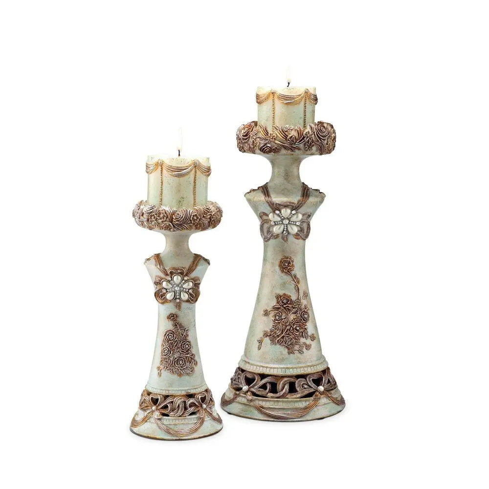 Set of 2 Beige And Brown Vintage Pillar Tabletop Candle Holders - NOBLE HOME INTERIORS