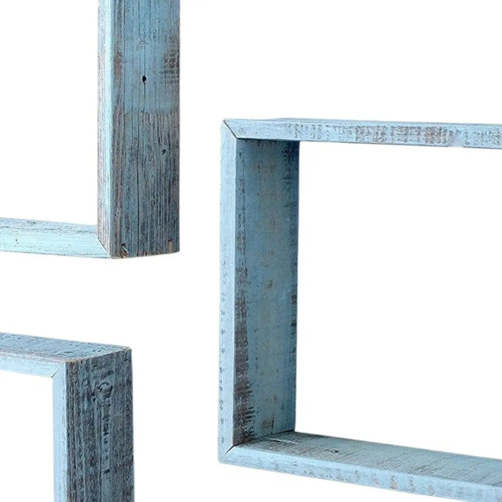 Set Of 3 Square Robins Egg Blue Reclaimed Wood Open Box Shelve - NOBLE HOME INTERIORS