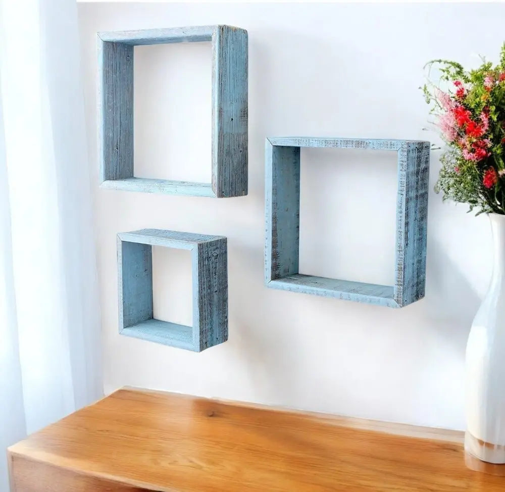 Set Of 3 Square Robins Egg Blue Reclaimed Wood Open Box Shelve - NOBLE HOME INTERIORS