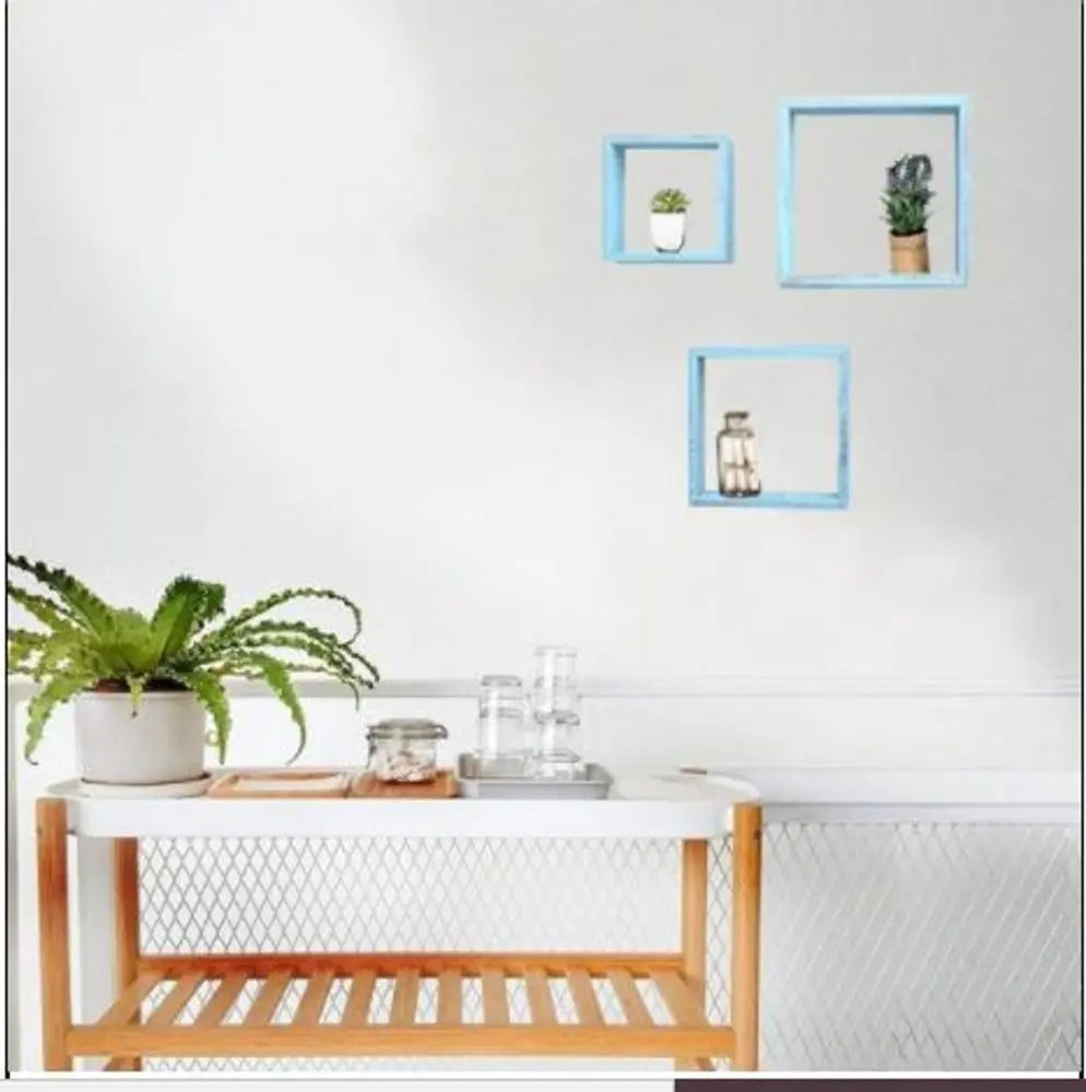 Set Of 3 Square Robins Egg Blue Reclaimed Wood Open Box Shelve - NOBLE HOME INTERIORS