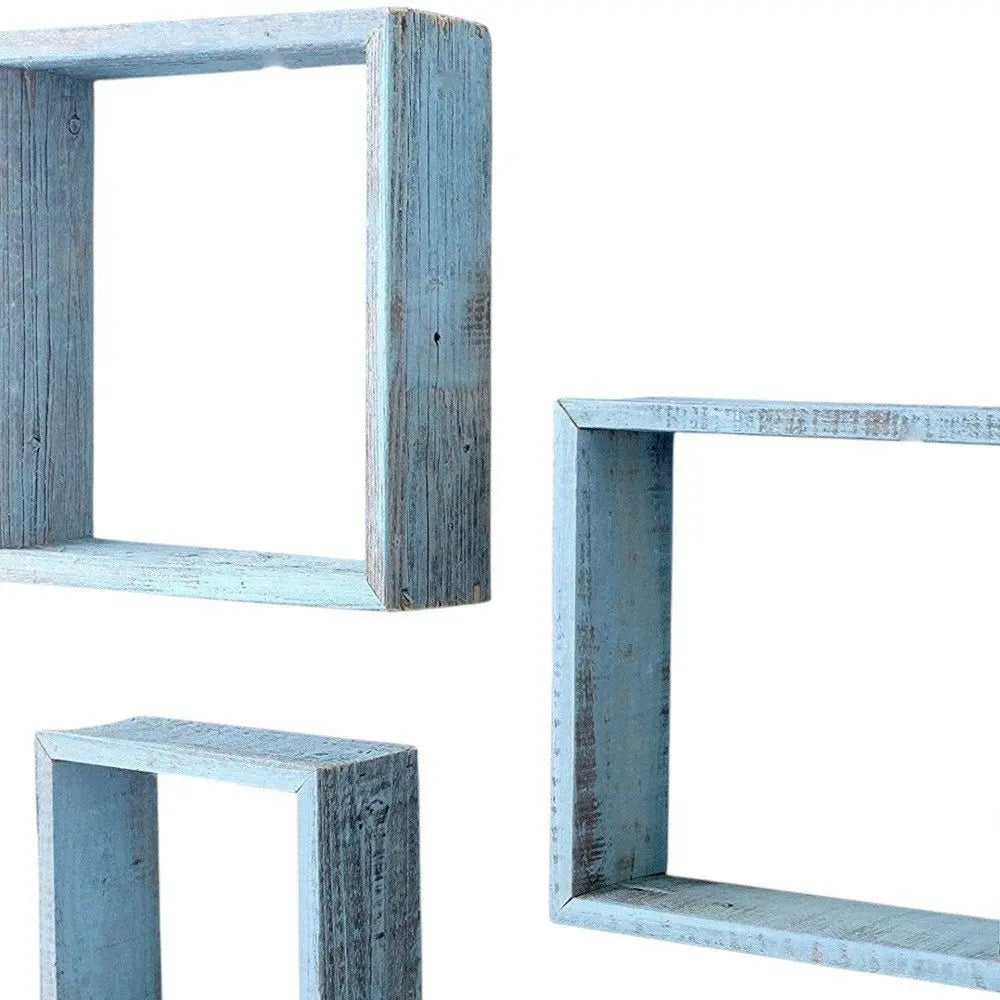 Set Of 3 Square Robins Egg Blue Reclaimed Wood Open Box Shelve - NOBLE HOME INTERIORS