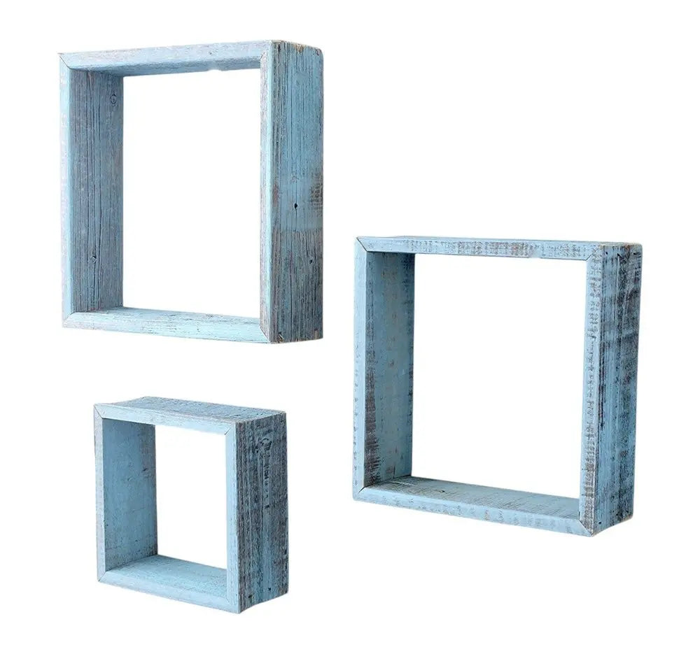 Set Of 3 Square Robins Egg Blue Reclaimed Wood Open Box Shelve - NOBLE HOME INTERIORS